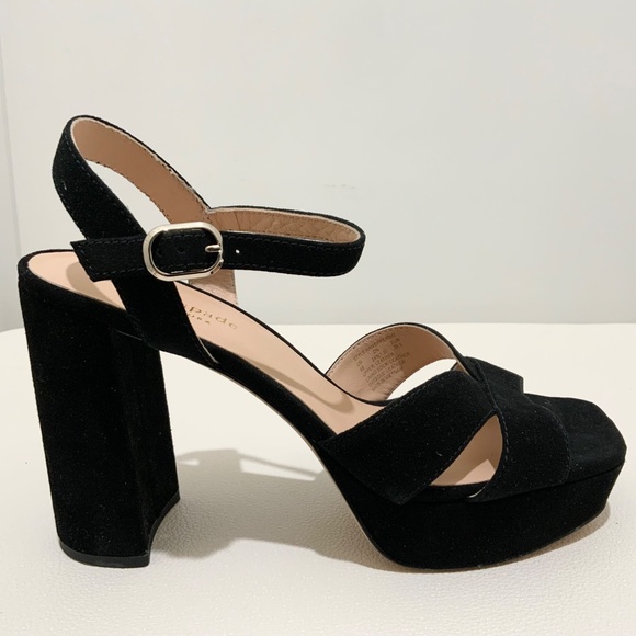 Kate Spade Delight Platform Heel Sandal Black Suede Block Heel Ankle Strap Pumps - Picture 11 of 16